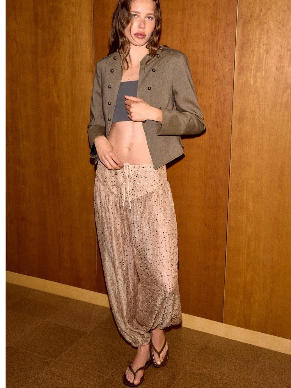 Zara Sequinned Sarouel Trousers in bronze, featuring an adjustable drawstrings